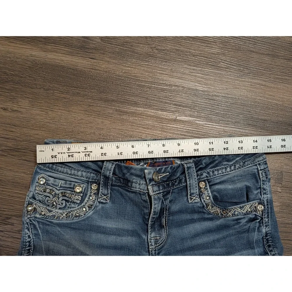 Rock Revival Jazlyn Bootcut Jeans Blue Embellished Fleur-de-Lis Size 27 READ